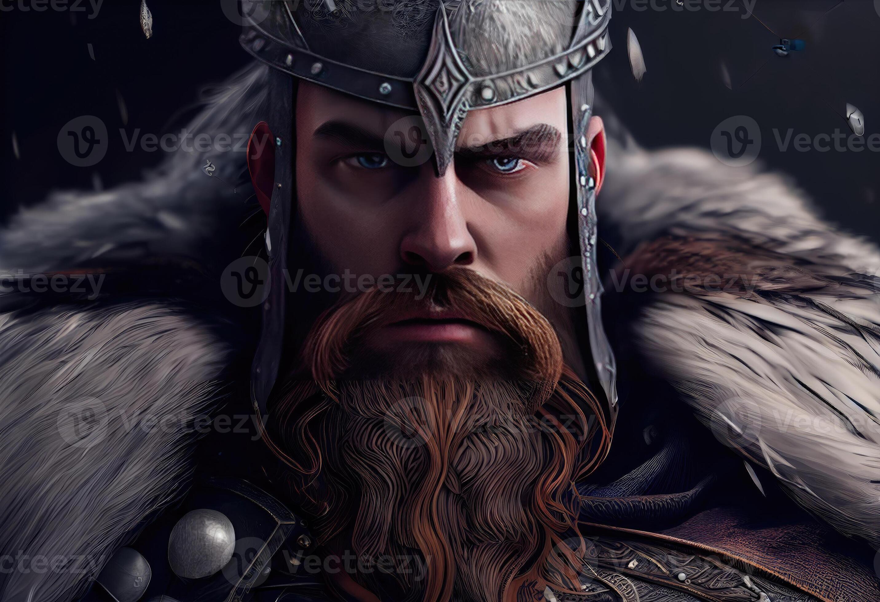 Premium Free ai Images  portrait of medieval slavic warrior with beard  wearing helmet and chain mail gray blue eyes face stained with blood  against the backdrop of winter landscape