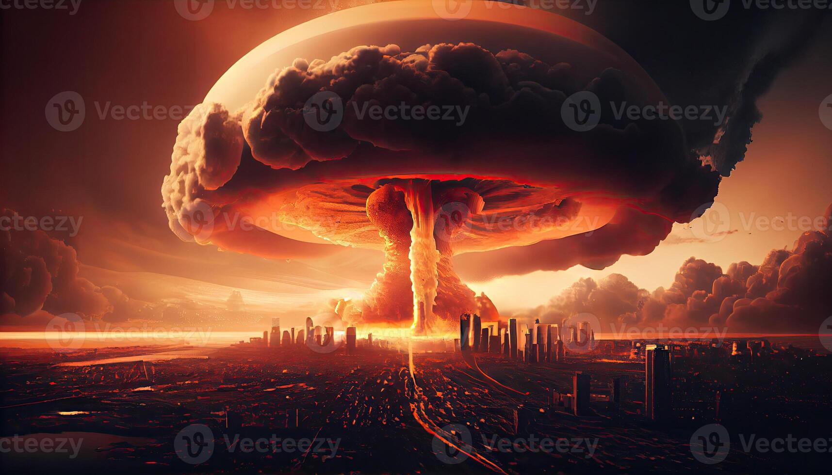 Big nuclear explosion mushroom cloud effect over city skyline for apocalyptical aftermath of nuclear attach . photo