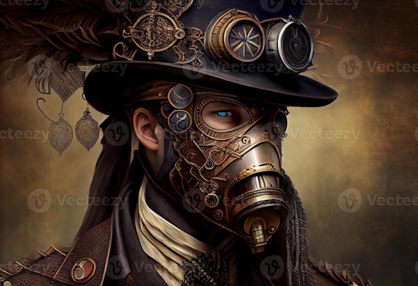 un hombre vistiendo un Steampunk sombrero y un Steampunk mascarilla, fantasía arte, steampunk ai generado foto