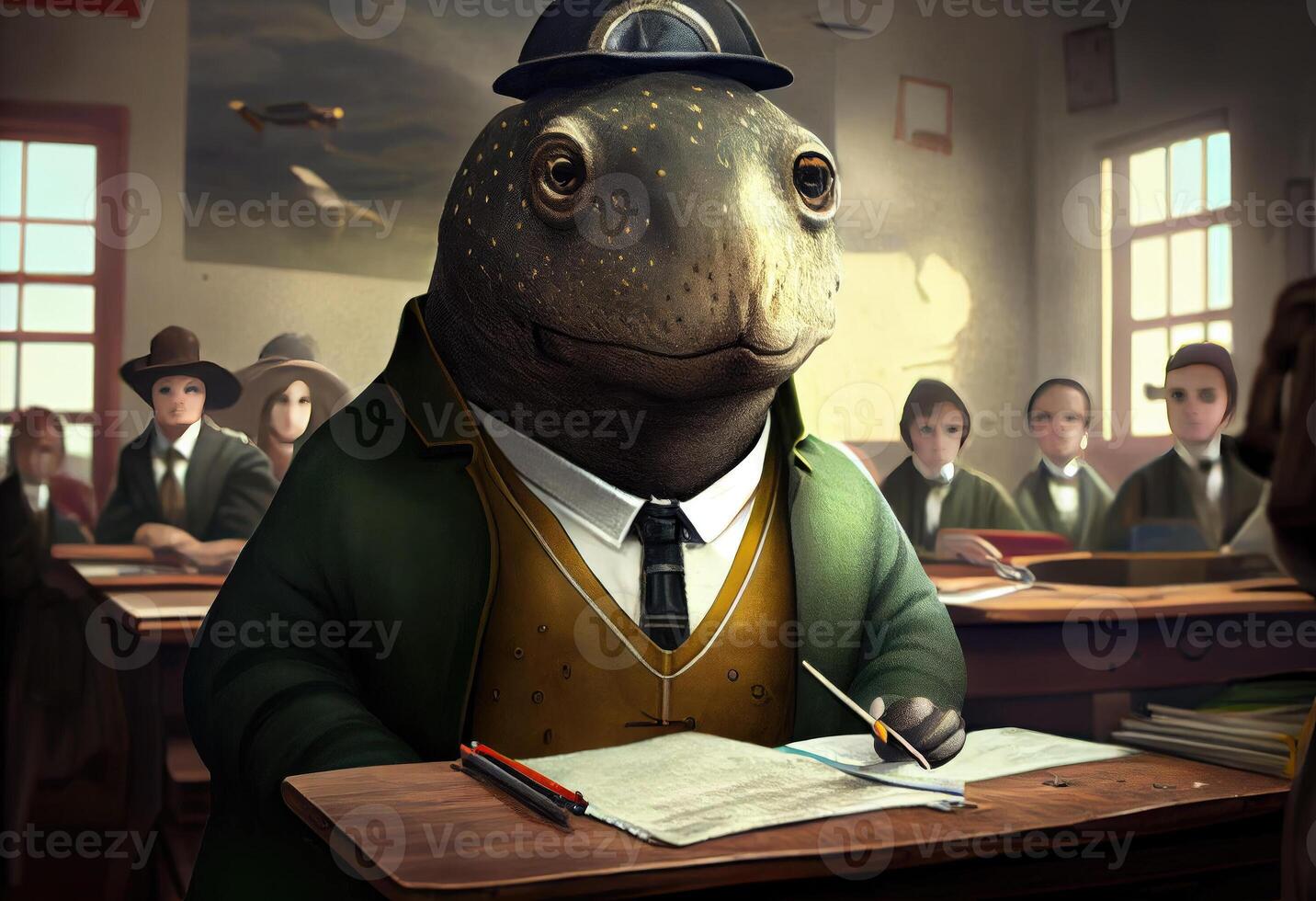 Portrait of an anthropomorphic battleship dressed as a schoolboy in a classroom. photo