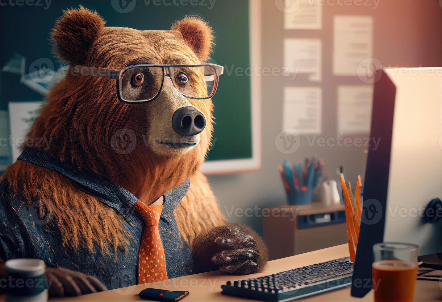 Portrait of an anthropomorphic bear as a developer in the office. photo