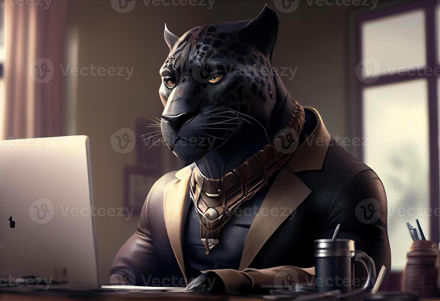 Portrait of an anthropomorphic black panther as a developer in the office. photo