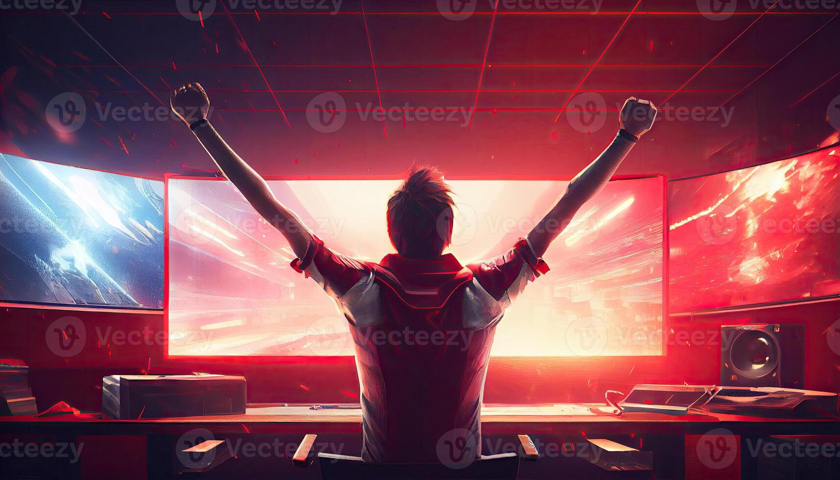 Professional eSports gamer rejoices in the victory and red game room background. photo