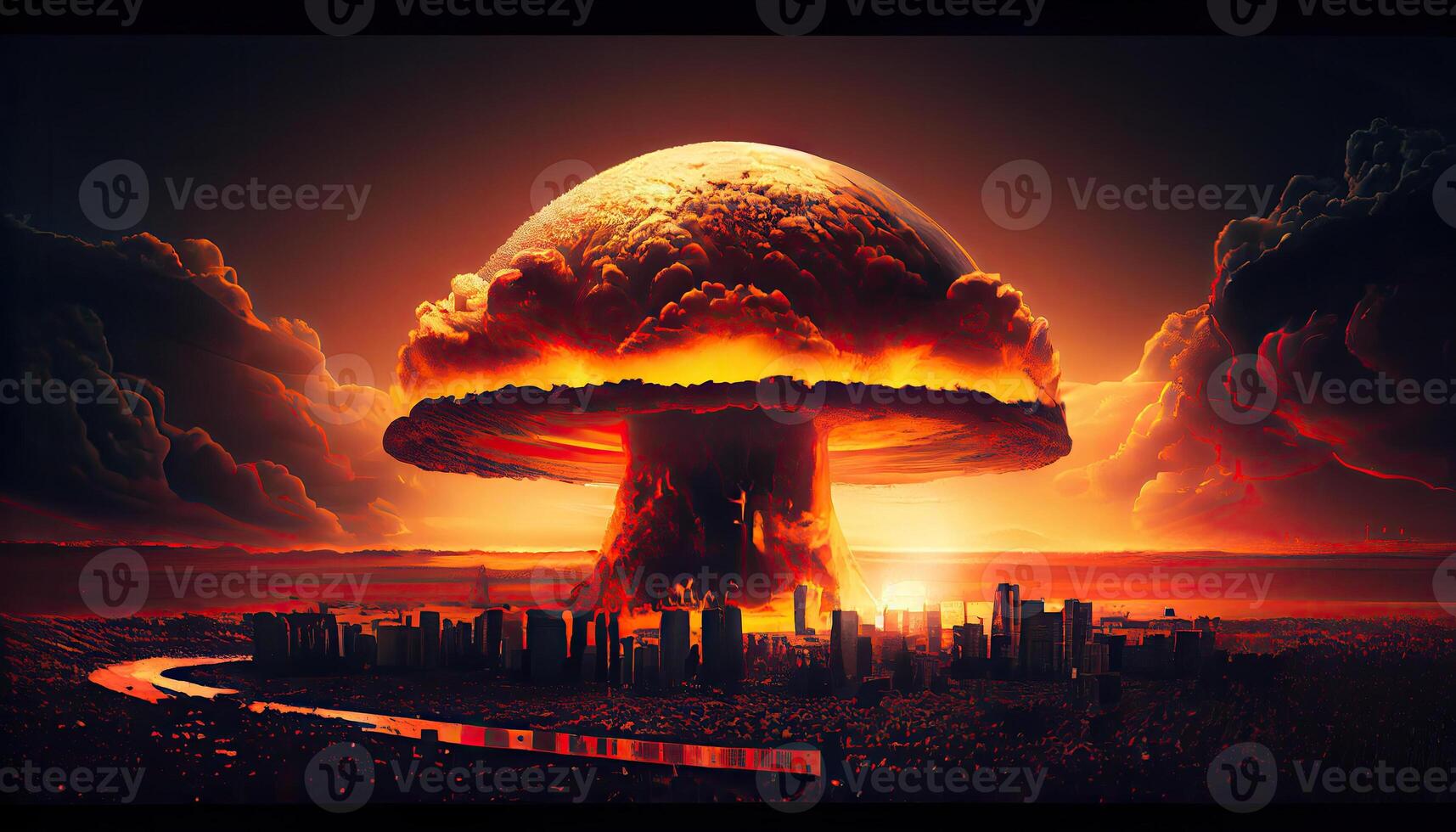 grande nuclear explosión seta nube efecto terminado ciudad horizonte para apocalíptico secuelas de nuclear adjuntar . ai generado foto