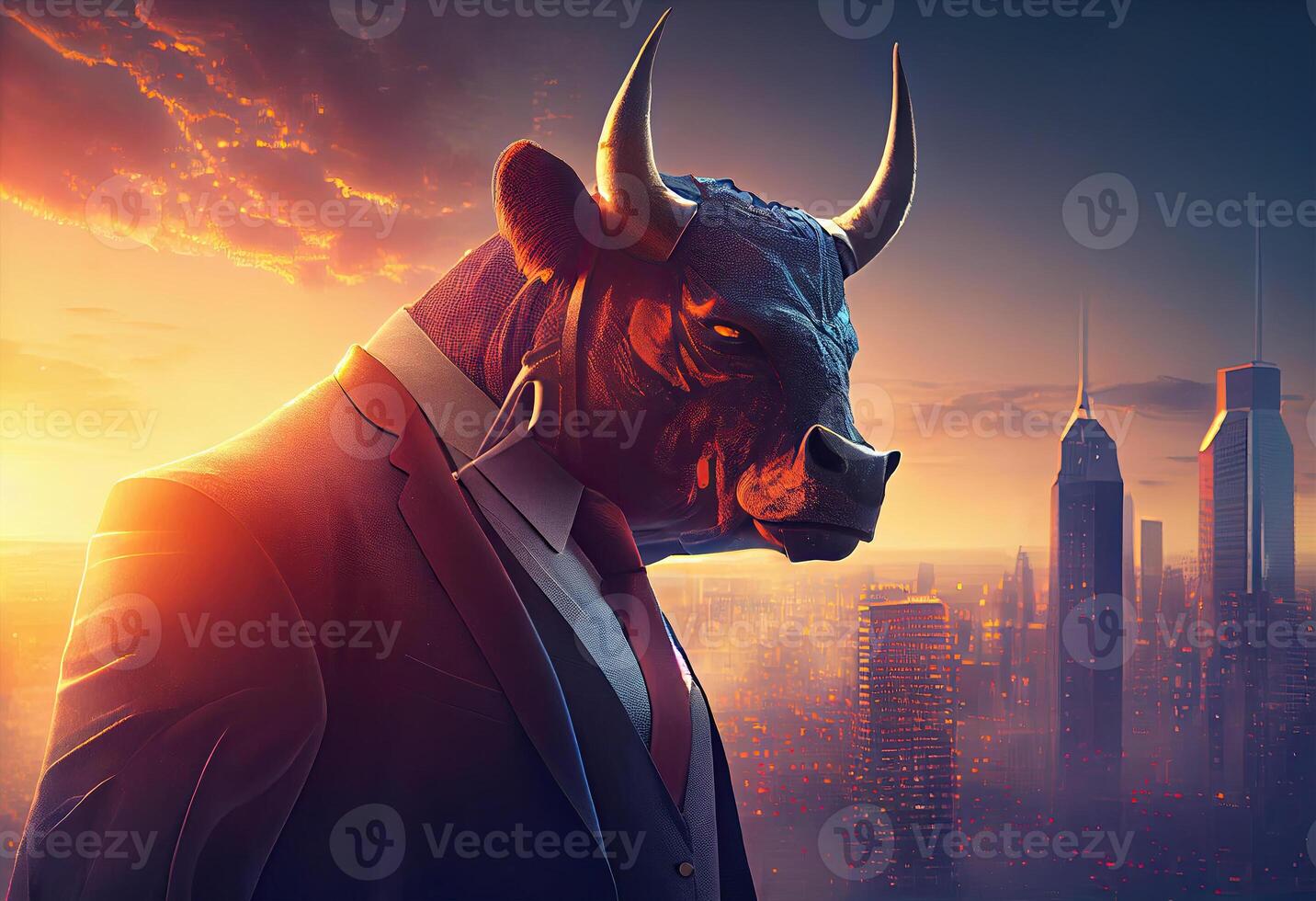 Portrait of an anthropomorphic bull dressed as a businessman against the backdrop of a modern city at sunset. photo