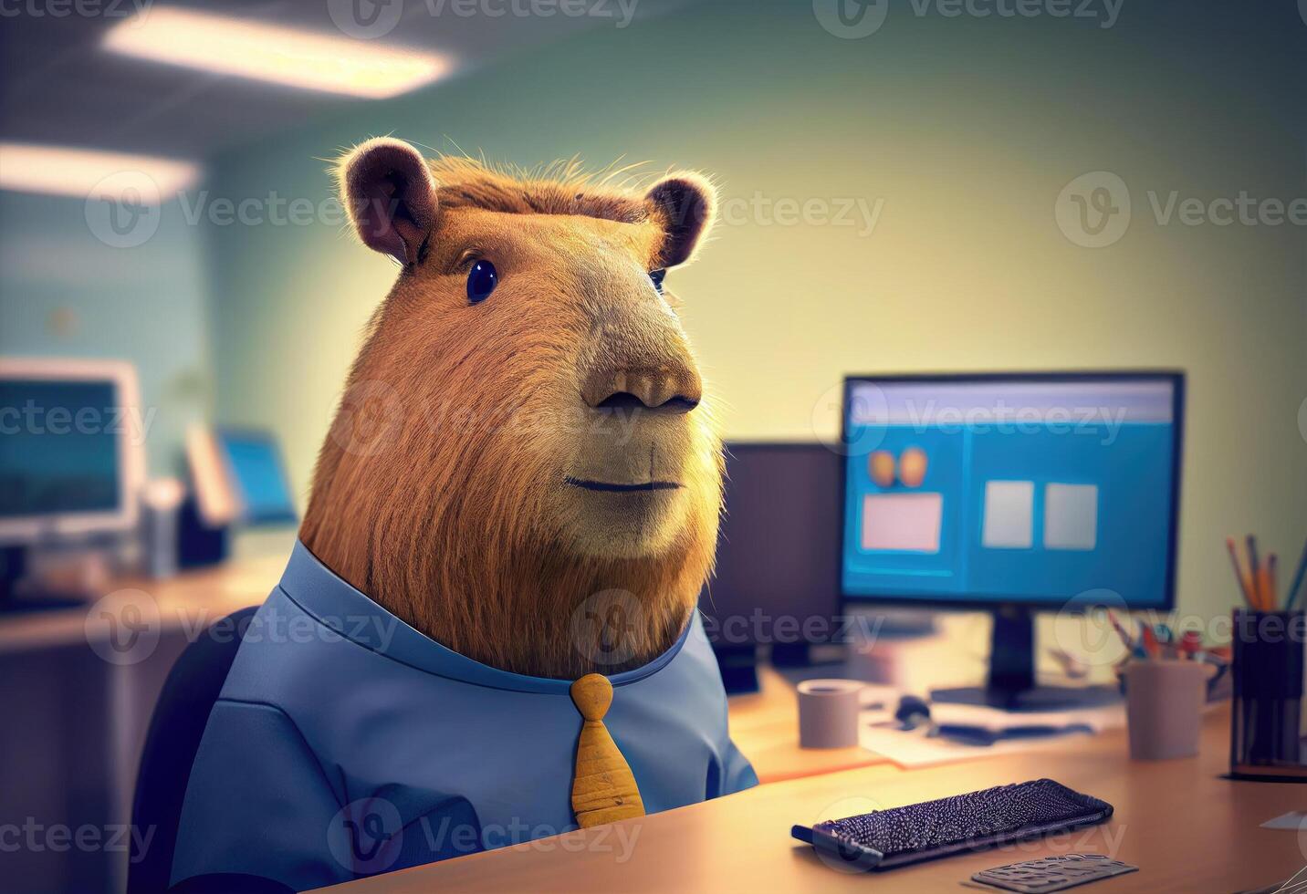 Portrait of an anthropomorphic capybara as a developer in the office. photo