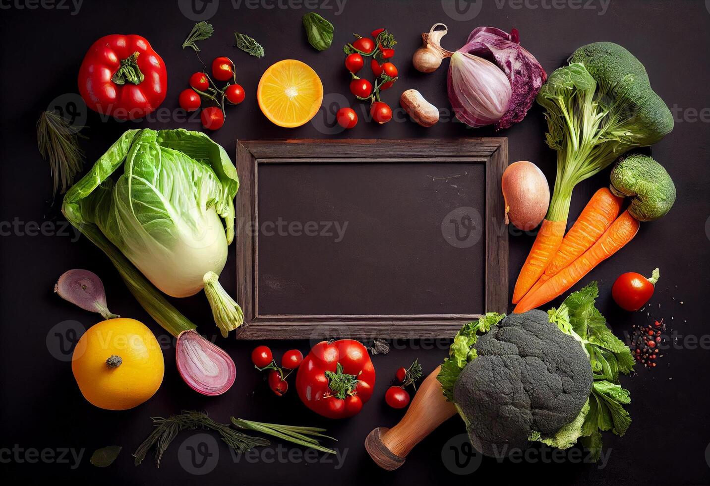 Fresco delicioso ingredientes de orgánico comida para sano Cocinando , Fresco granjero vegetales en un negro pizarra antecedentes. ai generado foto