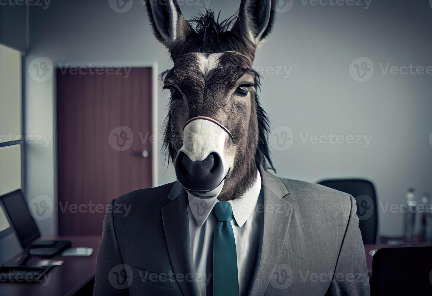 retrato de un antropomórfico Burro en un traje de un empresario como oficina trabajador en el moderno oficina. ai generado foto
