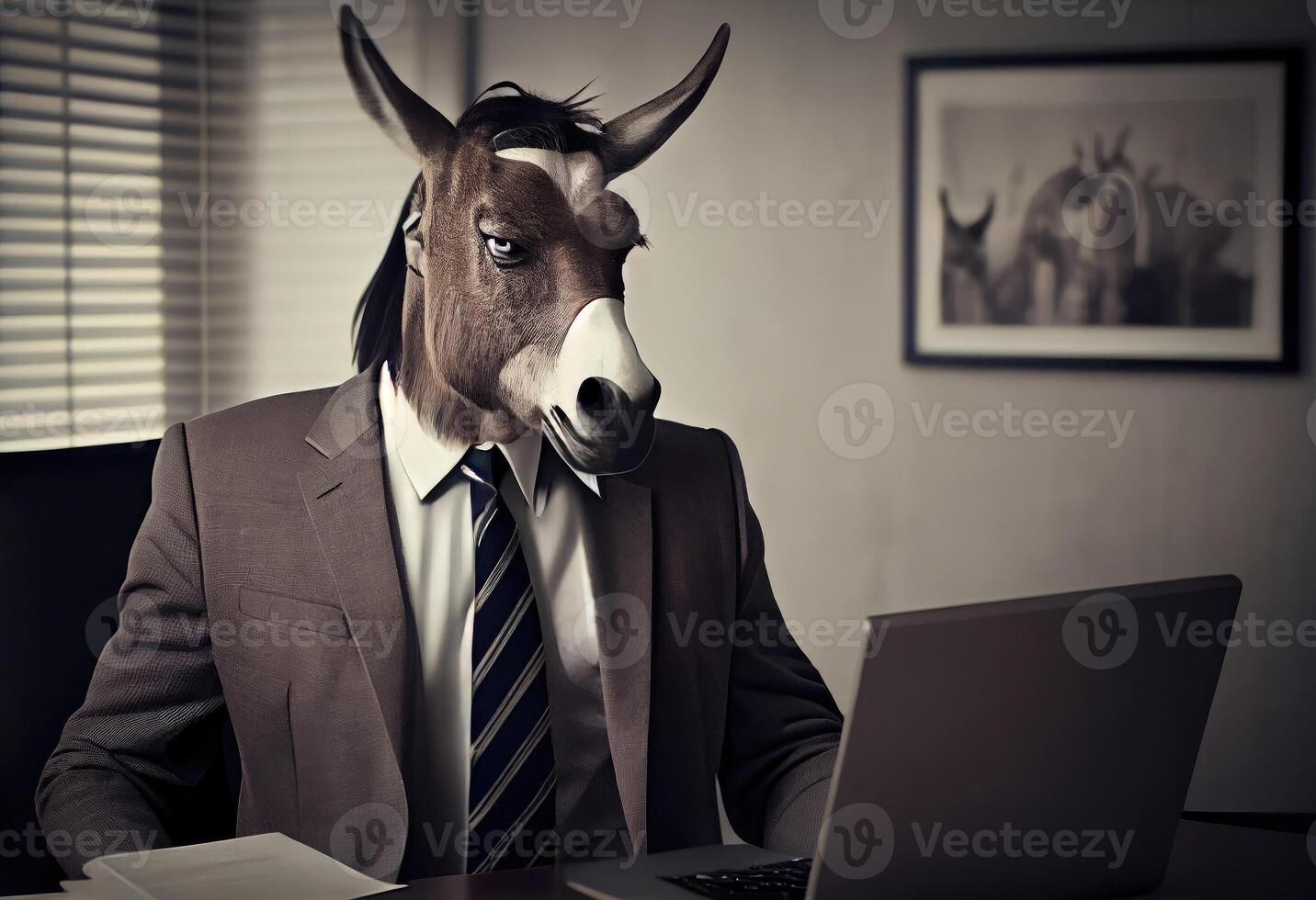 retrato de un antropomórfico Burro en un traje de un empresario como oficina trabajador en el moderno oficina. ai generado foto