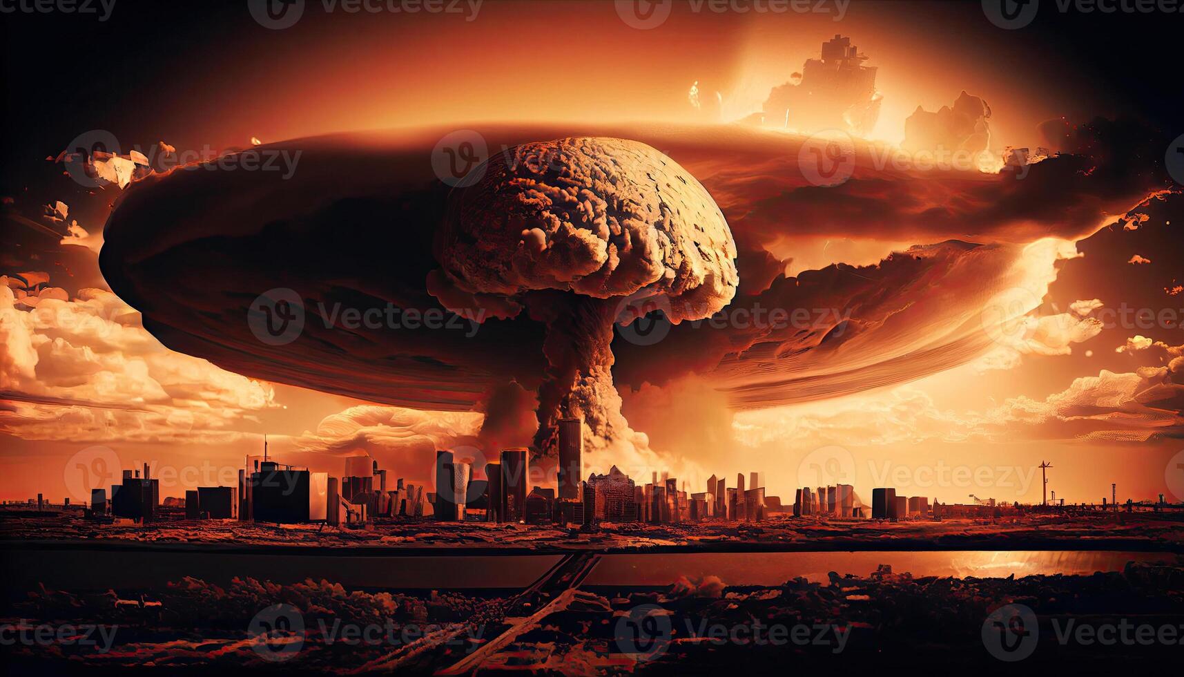 Big nuclear explosion mushroom cloud effect over city skyline for apocalyptical aftermath of nuclear attach . photo