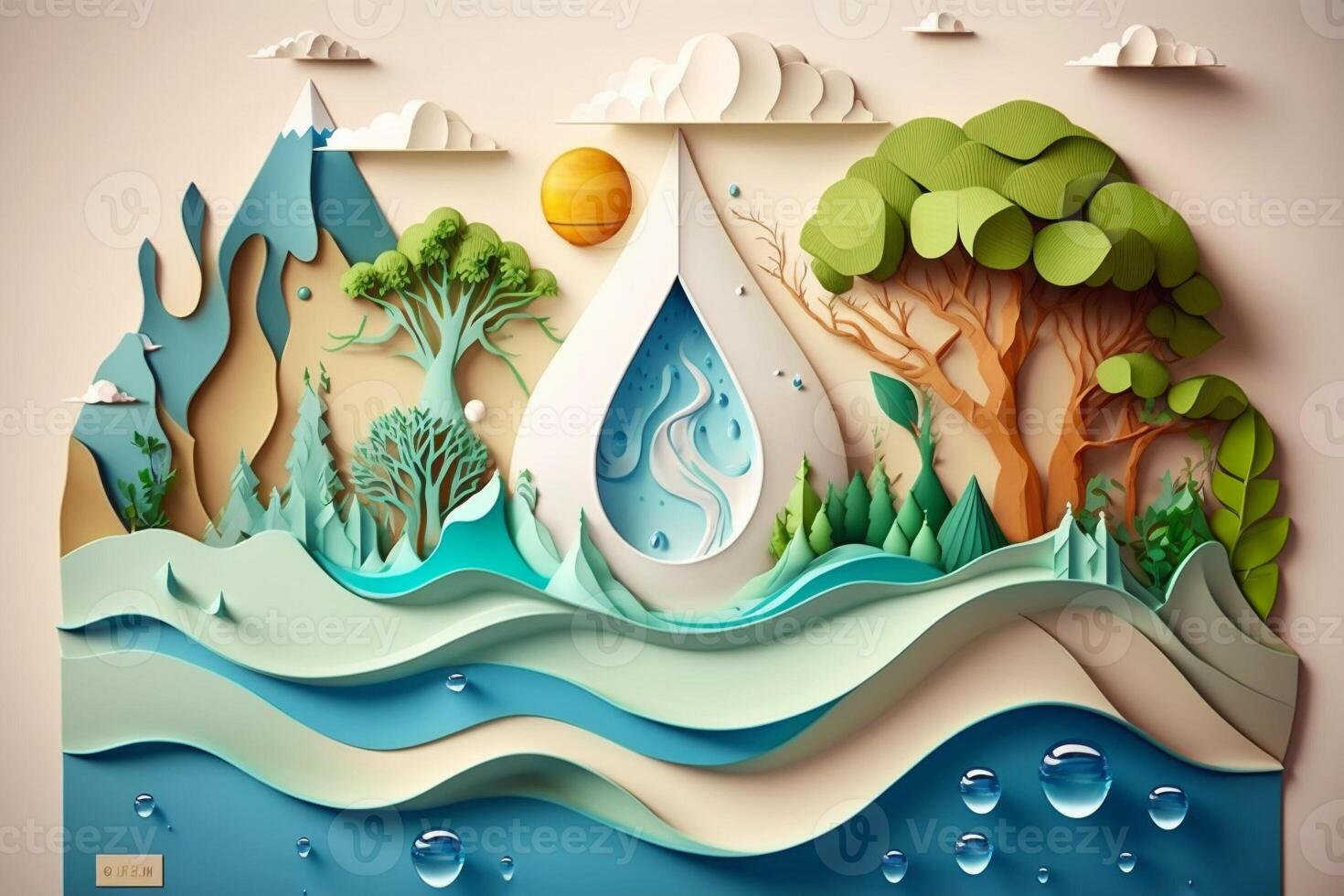 papel Arte , ecología y mundo agua día , ahorro agua y mundo ambiente día, ambiental proteccion y salvar tierra agua. ai generado foto