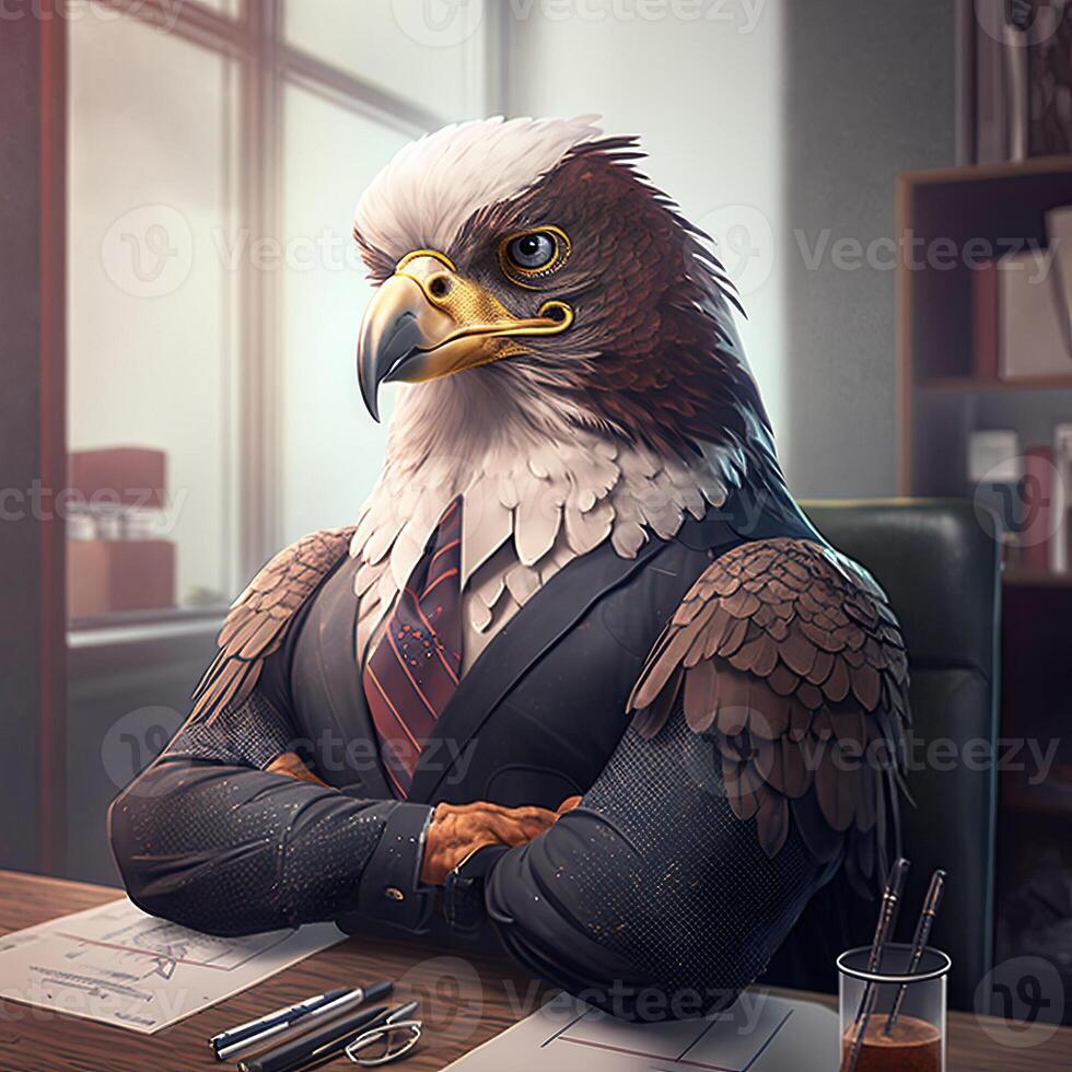 Portrait of an anthropomorphic eagle as a developer in the office. photo