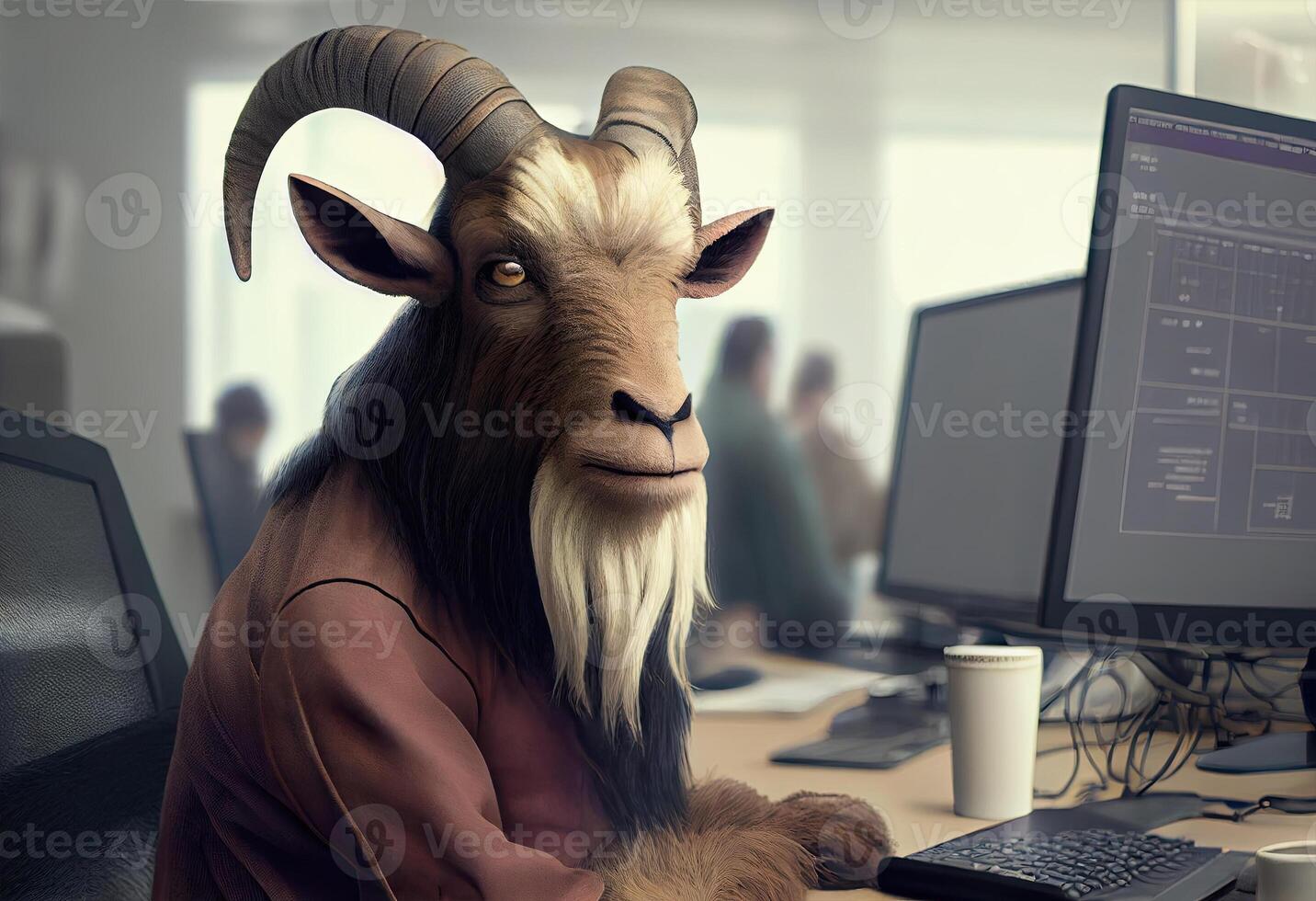 Portrait of an anthropomorphic goat as a developer in the office. photo