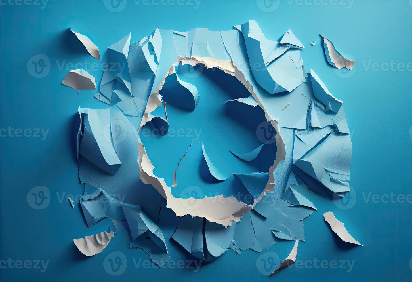 Ripped light blue paper against a blue background . AI Generated photo