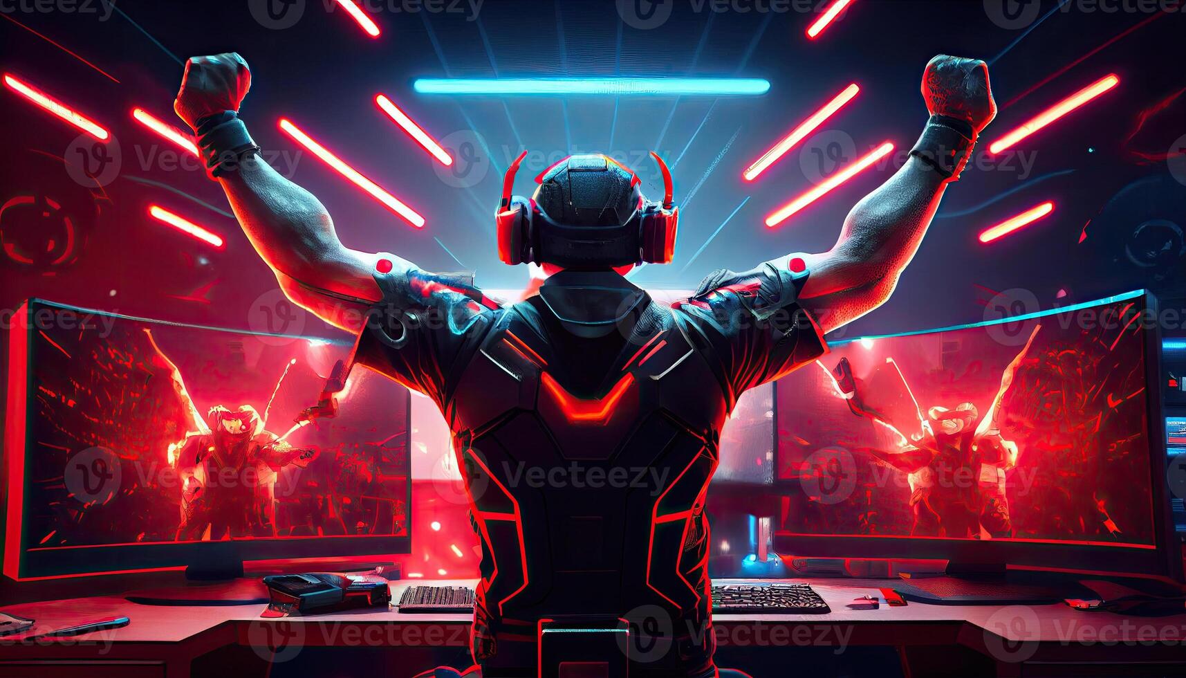 Professional eSports gamer rejoices in the victory and red game room background. photo