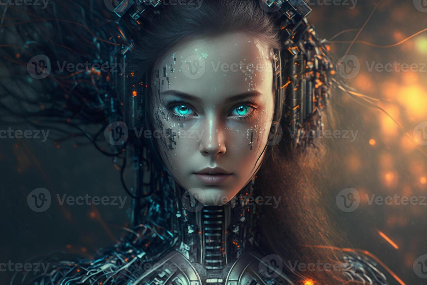 Artificial intelligence a humanoid cyber girl with Technology smart robot Ai. photo