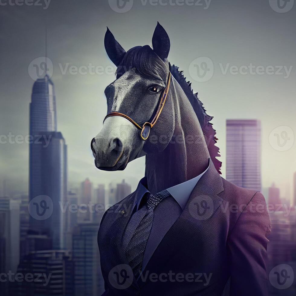 Portrait of an anthropomorphic horse businessman roaming the city streets. photo