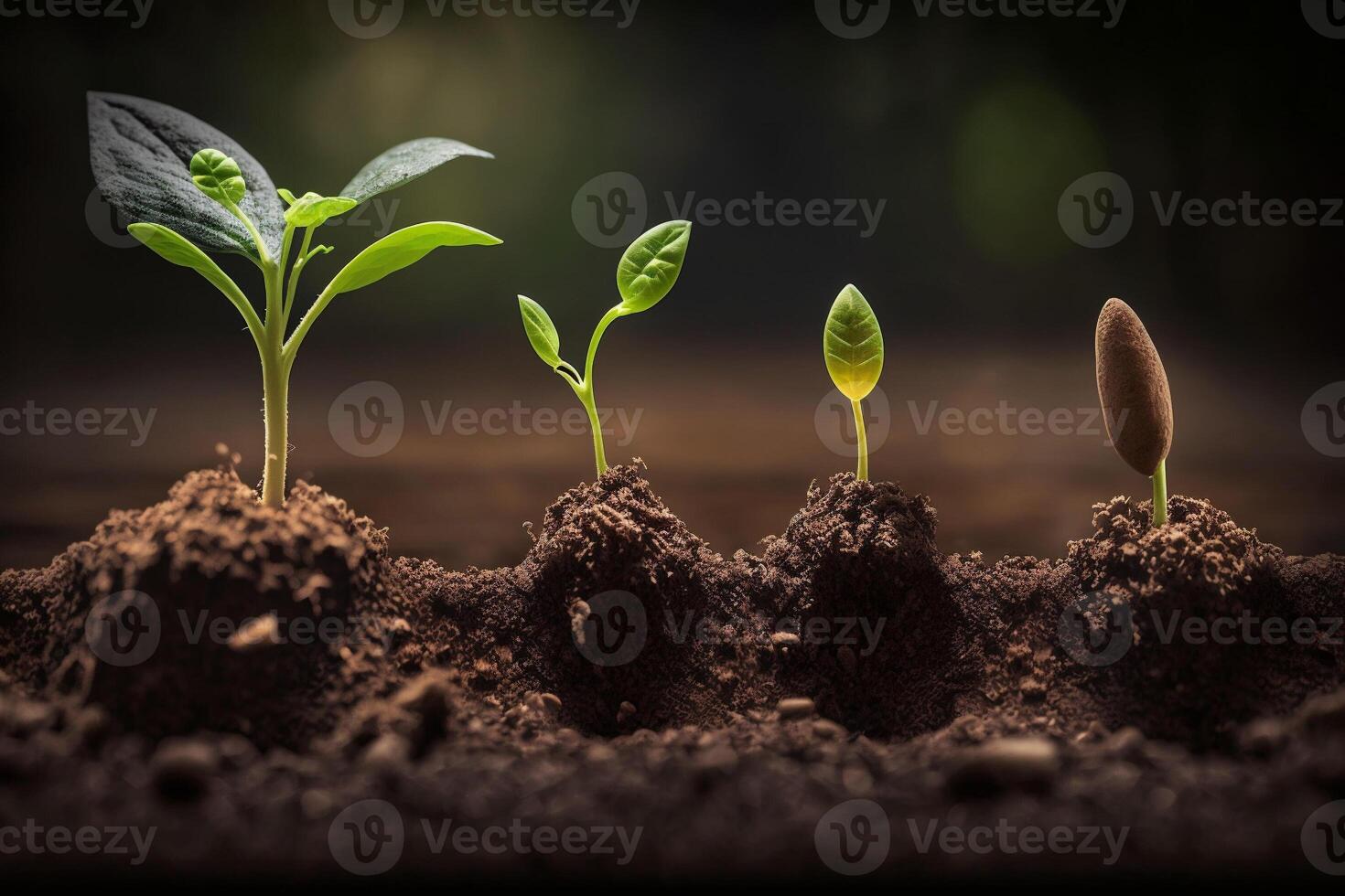 Seedlings growing from the ground , Germinating seeds of various , Growing plants and agriculture concept. photo