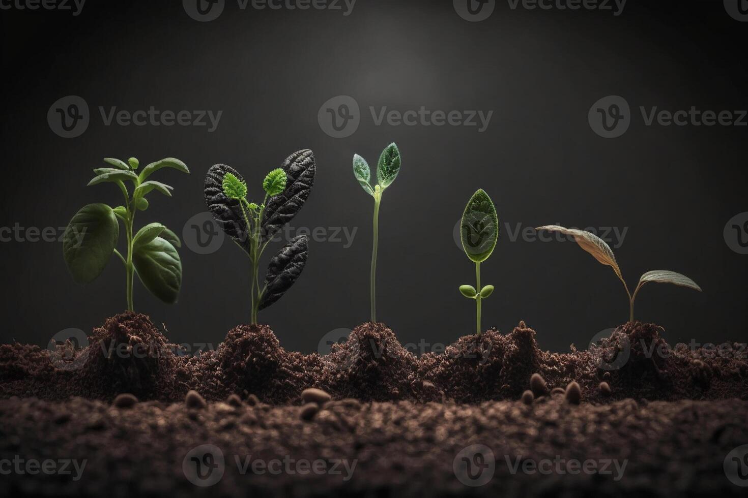 Seedlings growing from the ground , Germinating seeds of various , Growing plants and agriculture concept. photo