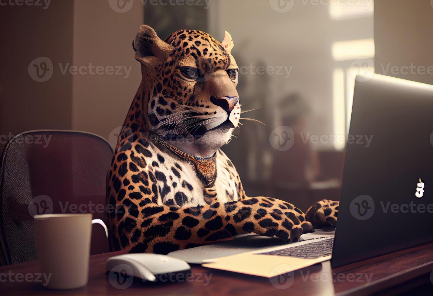 Portrait of an anthropomorphic jaguar as a developer in the office. photo