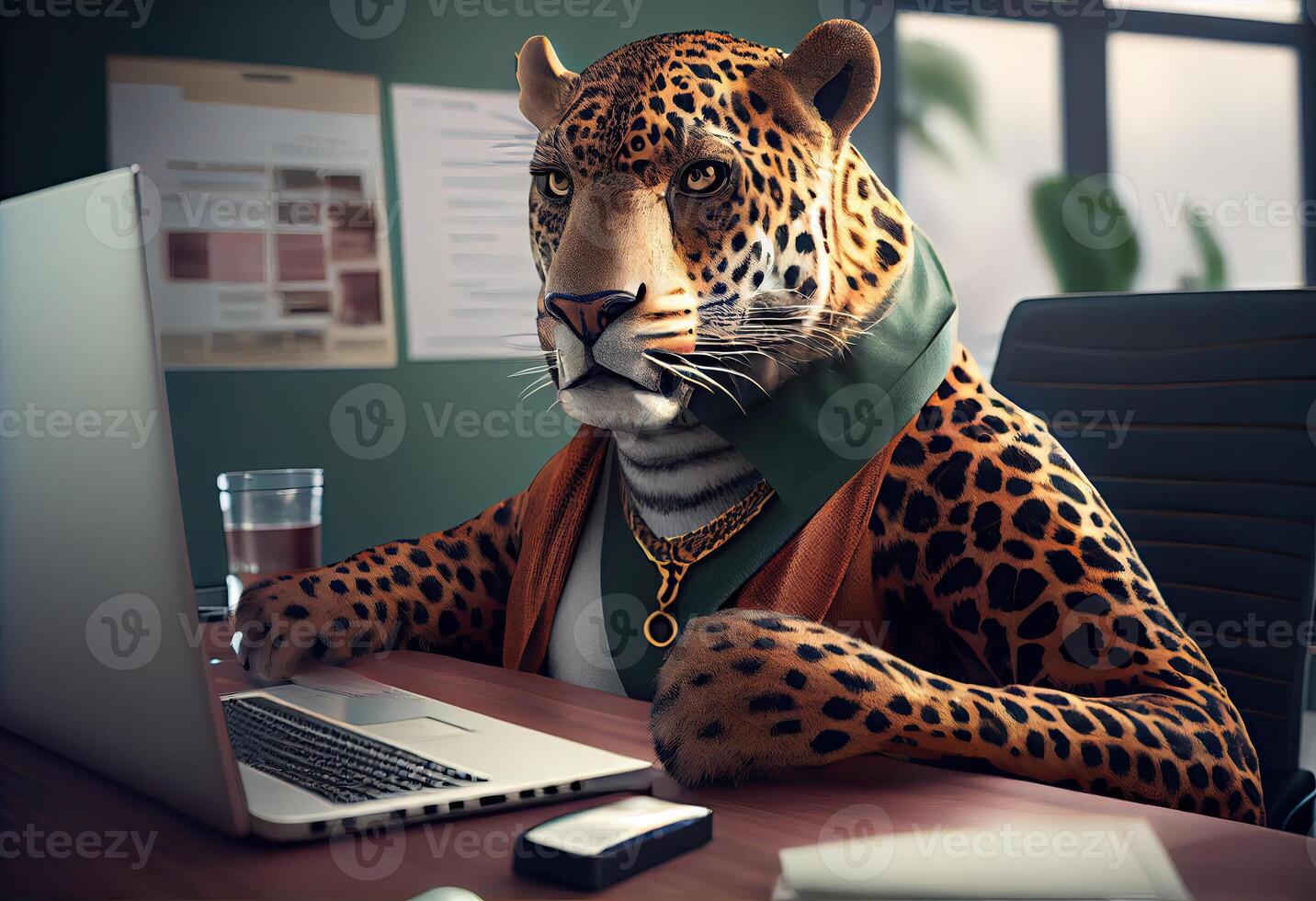 Portrait of an anthropomorphic jaguar as a developer in the office. photo