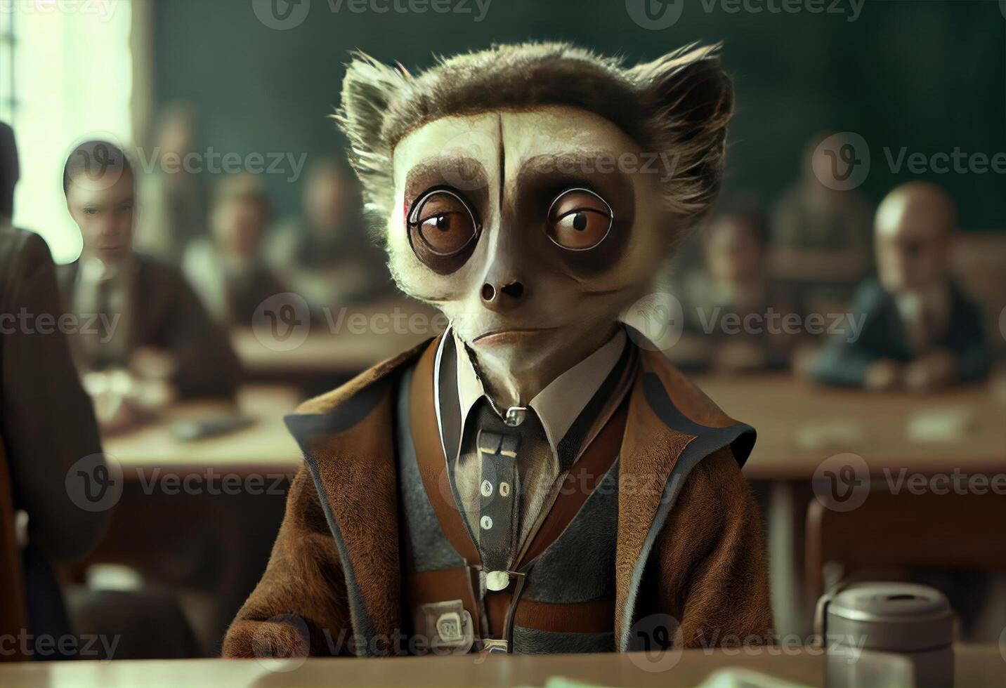 Portrait of an anthropomorphic lemur dressed as a schoolboy in a classroom. . photo