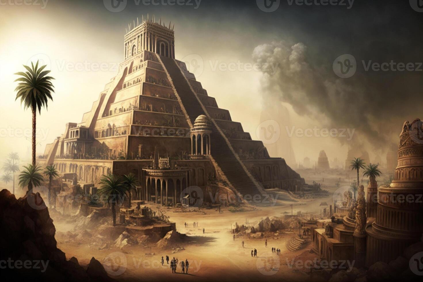 Ancient city of Babylon with the tower of Babel, bible and religion, new testament, speech in different languages. photo