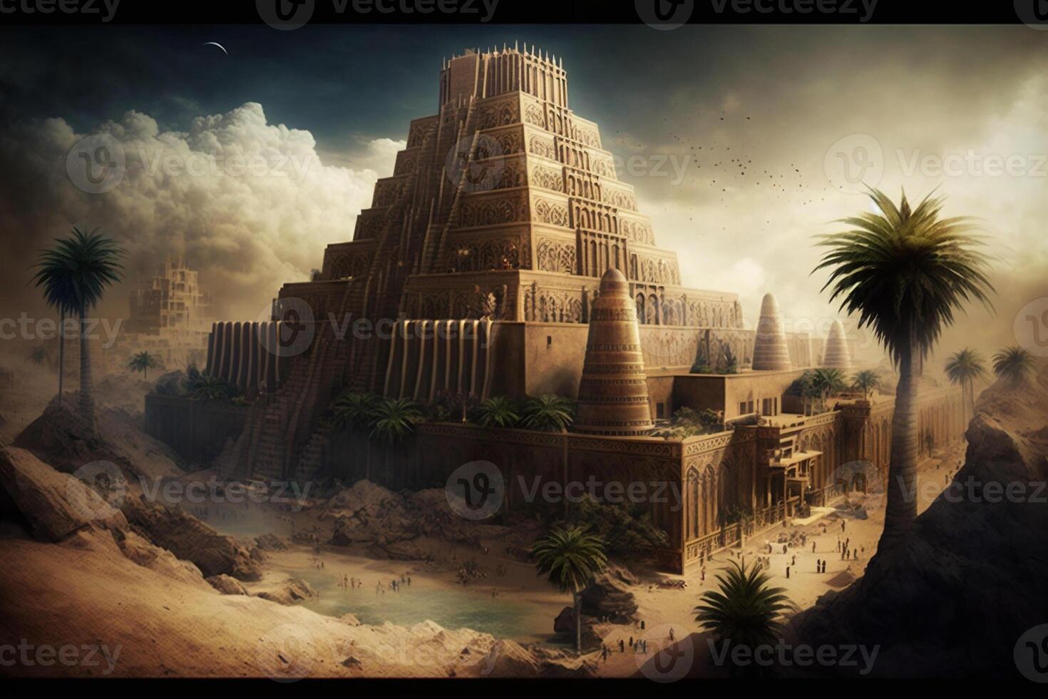 Ancient city of Babylon with the tower of Babel, bible and religion, new testament, speech in different languages. photo