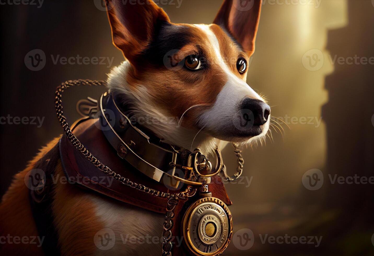 dog with a steampunk watch lanyard around his neck protecting a safe. photo