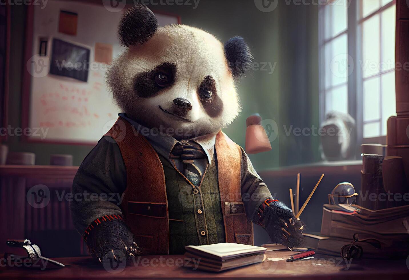 Portrait of an anthropomorphic panda dressed as a schoolboy in a classroom. . photo