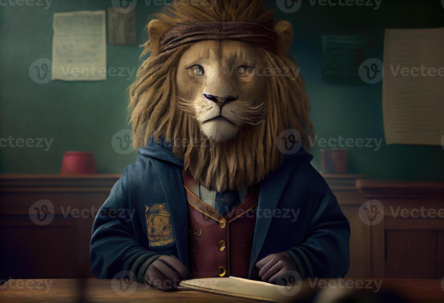 Portrait of an anthropomorphic lion dressed as a schoolboy in a classroom. . photo