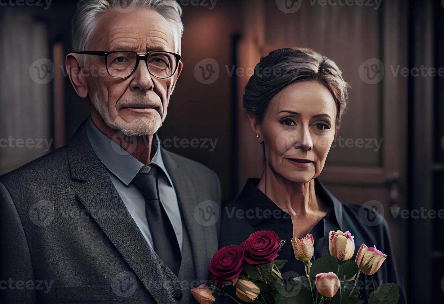 Senior man standing with attractive woman holding flowers on funeral. . photo