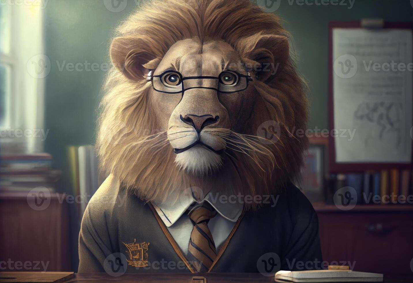 Portrait of an anthropomorphic lion dressed as a schoolboy in a classroom. . photo