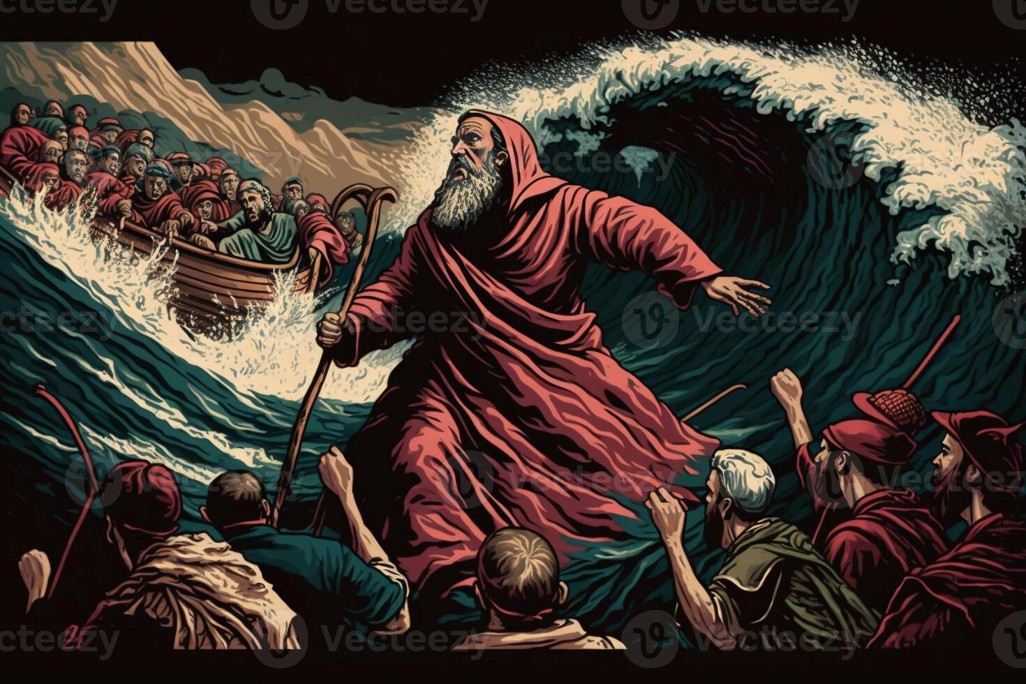 Illustration of the Exodus of the bible, Moses crossing the Red Sea with the Israelites, escape from the Egyptians. photo