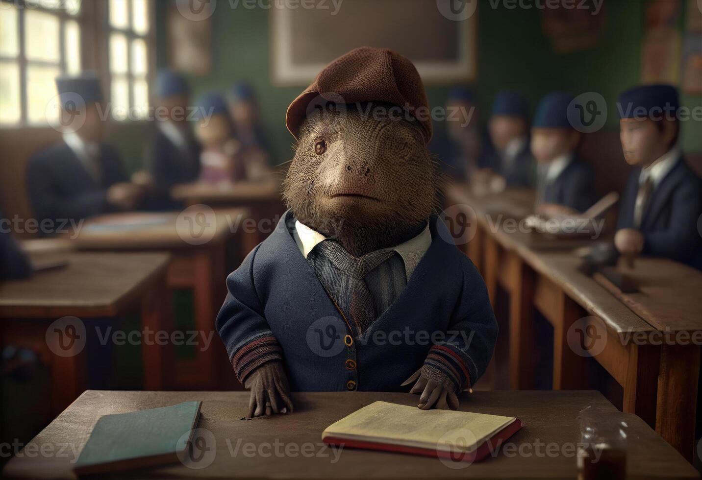 Portrait of an anthropomorphic capybara dressed as a schoolboy in a classroom. . photo