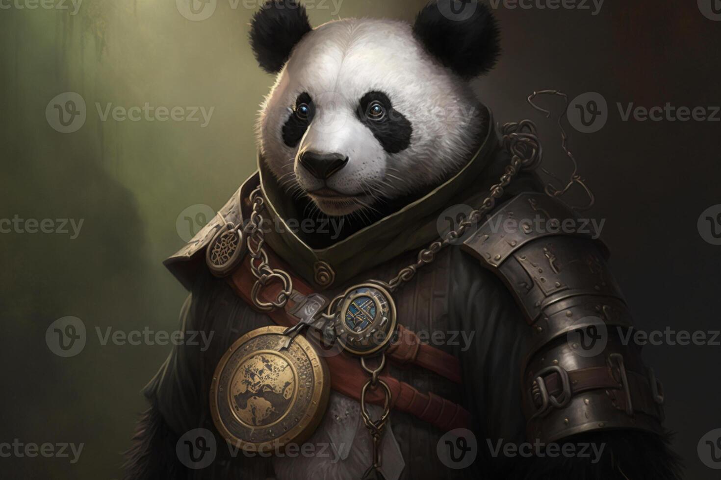 Panda with a steampunk watch lanyard around his neck, protecting a safe. photo