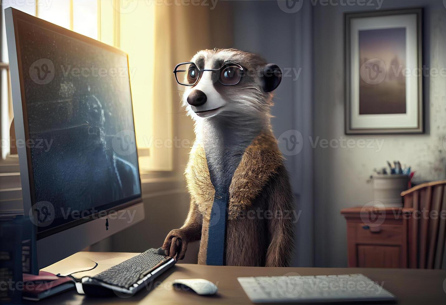 Portrait of an anthropomorphic meerkat as a developer in the office. . photo