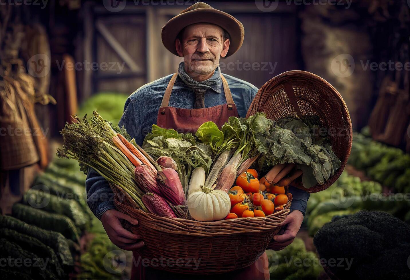 granjero sostiene un cesta de cosechado vegetales en contra el antecedentes de un granja. cosecha. ai generado. foto