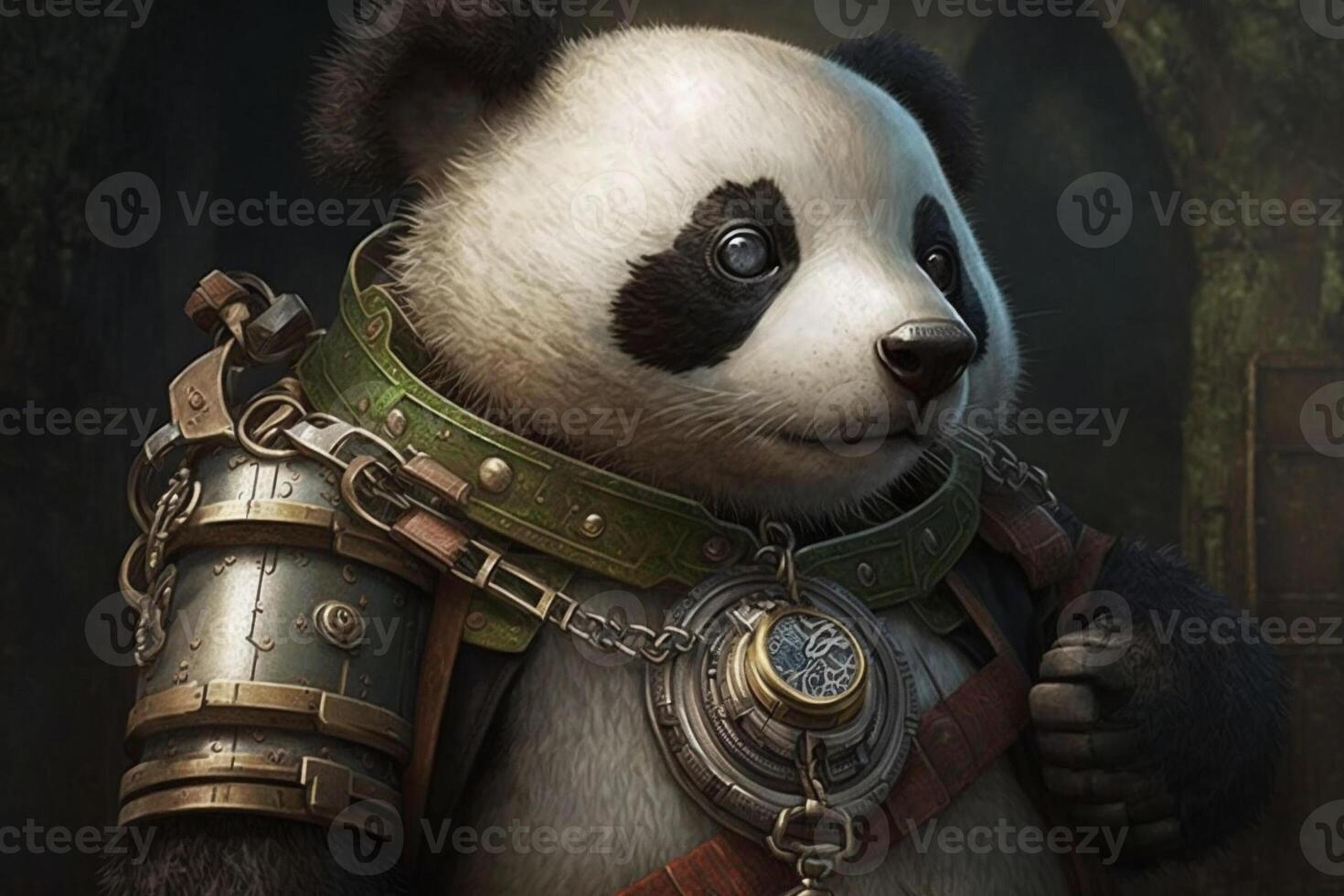 Panda with a steampunk watch lanyard around his neck, protecting a safe. photo