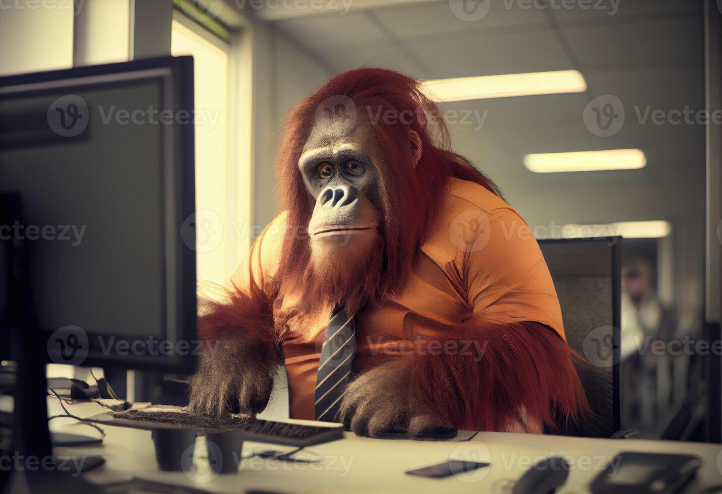 Portrait of an anthropomorphic orangutan as a developer in the office. . photo