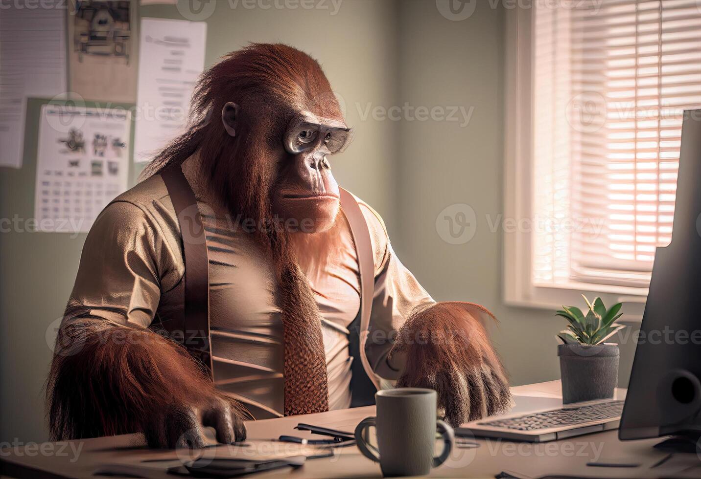 Portrait of an anthropomorphic orangutan as a developer in the office. . photo