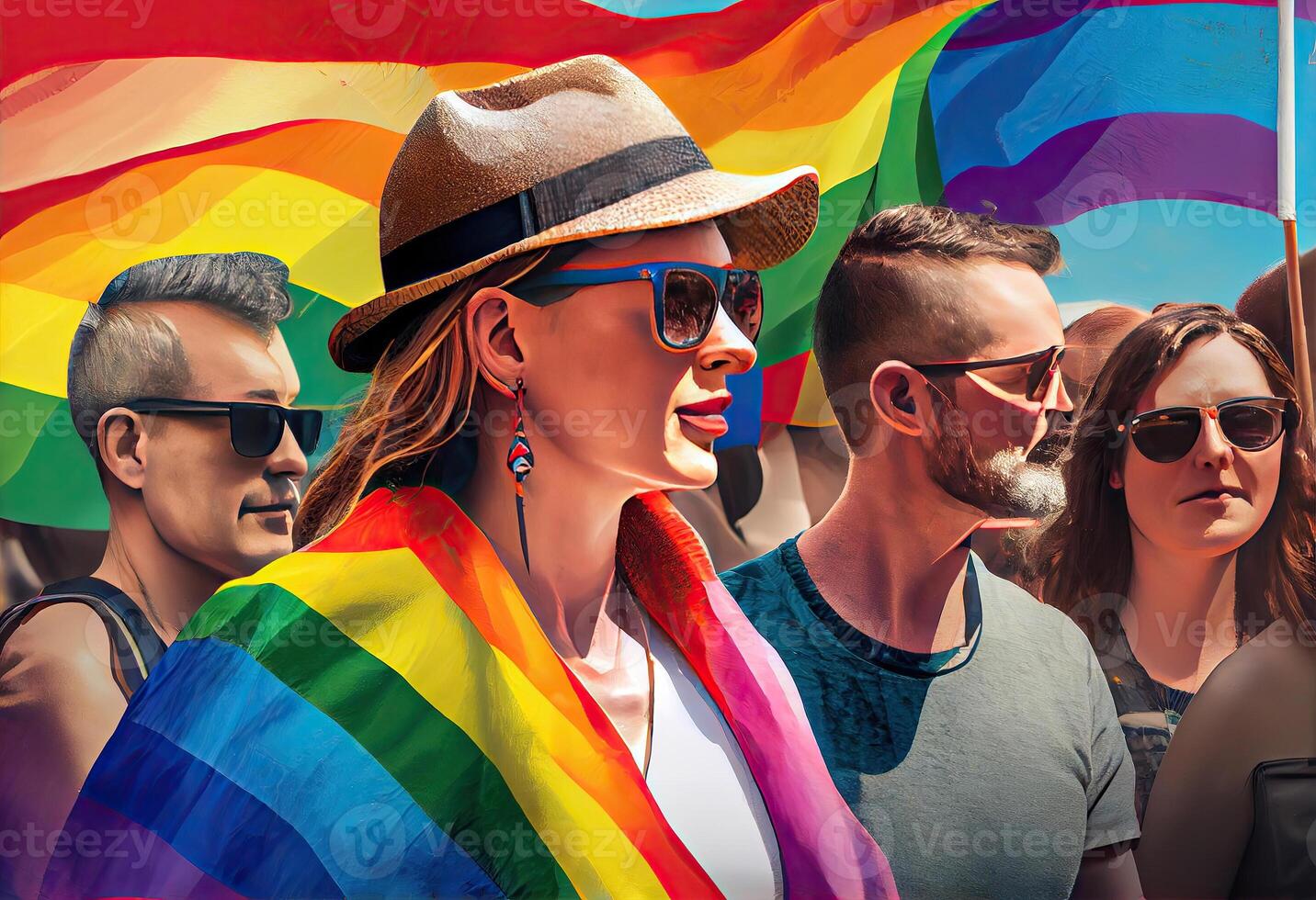 Pride community at a parade with hands raised and the LGBT flag . . photo