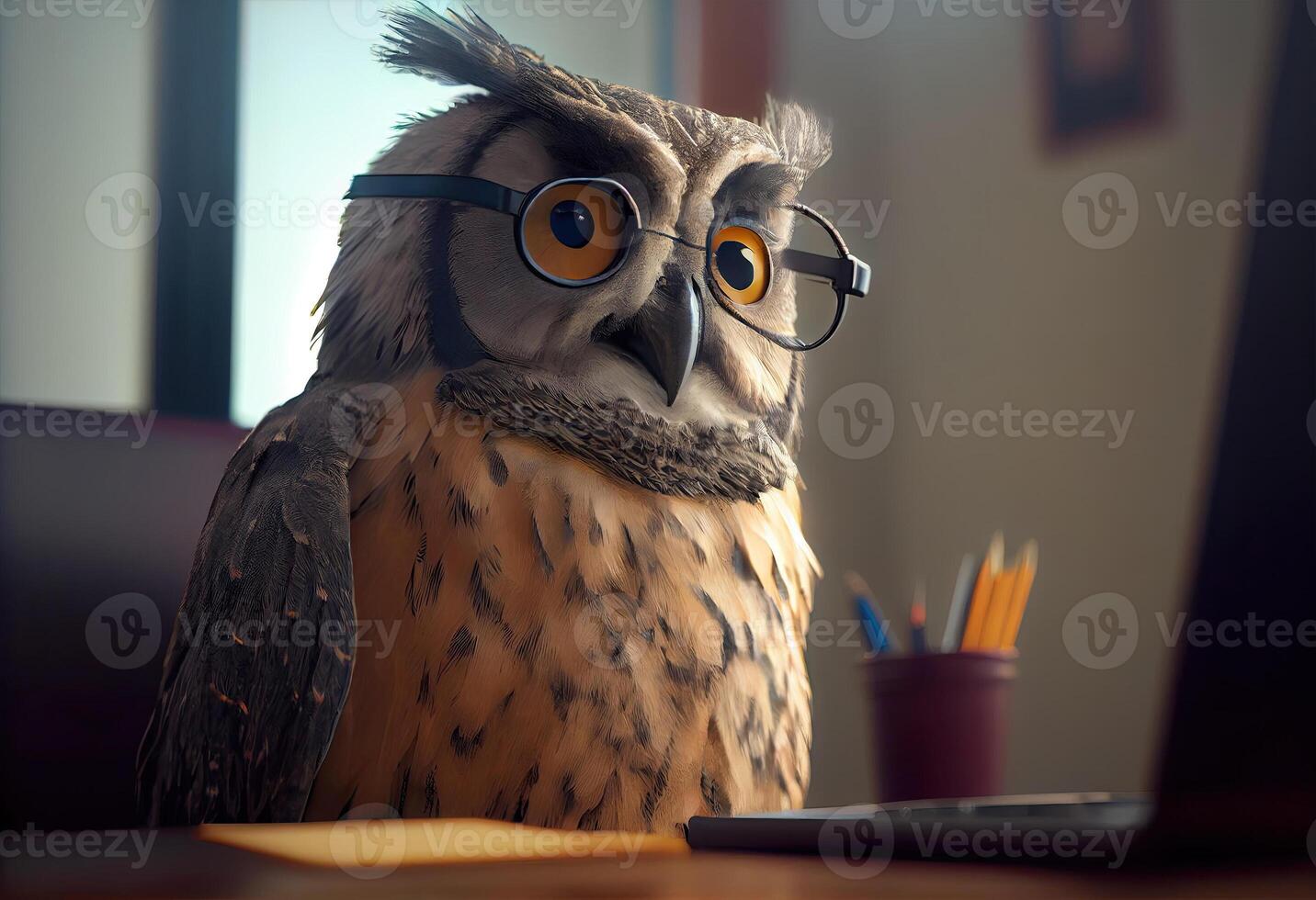 Portrait of an anthropomorphic owl as a developer in the office. . photo