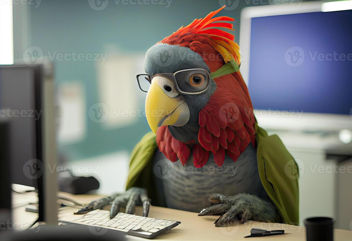 Portrait of an anthropomorphic parrot as a developer in the office. . photo