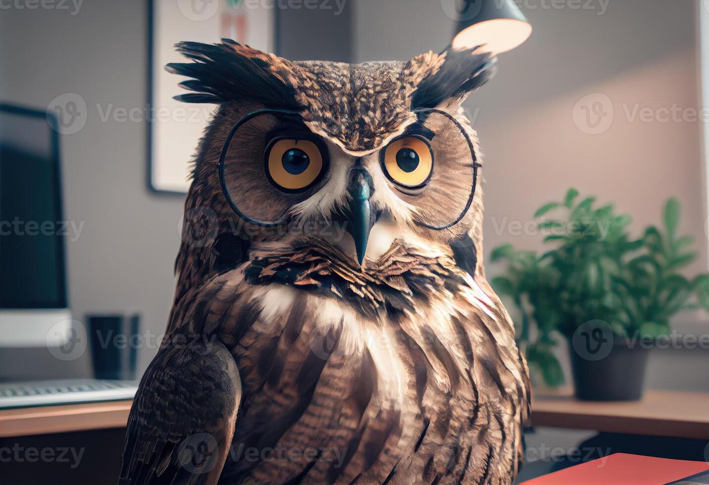 Portrait of an anthropomorphic owl as a developer in the office. . photo