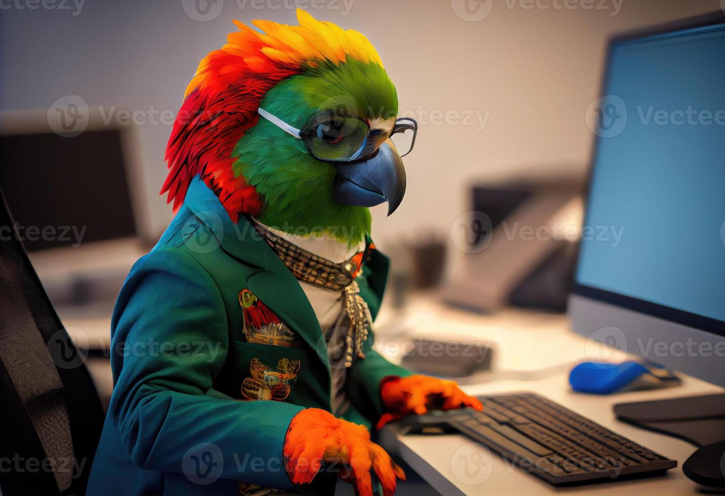 Portrait of an anthropomorphic parrot as a developer in the office. . photo