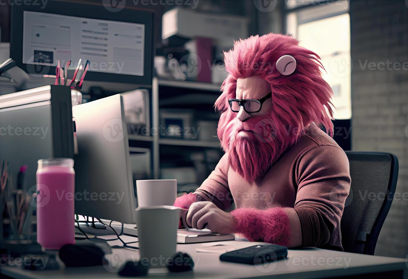 Portrait of an anthropomorphic pink lion as a developer in the office. . photo