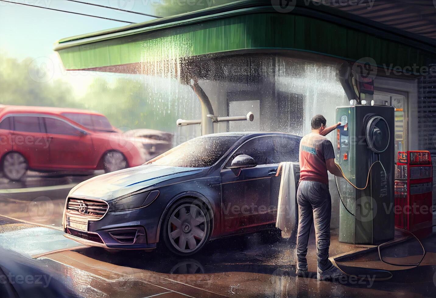 A man washes a car at an outdoor car wash . . photo