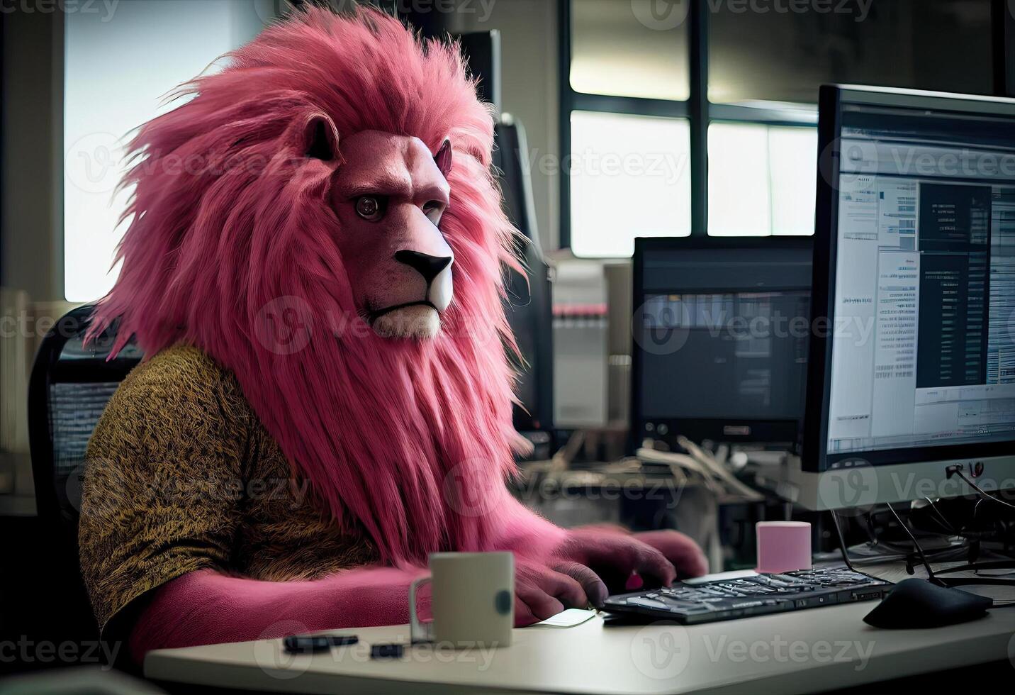 Portrait of an anthropomorphic pink lion as a developer in the office. . photo