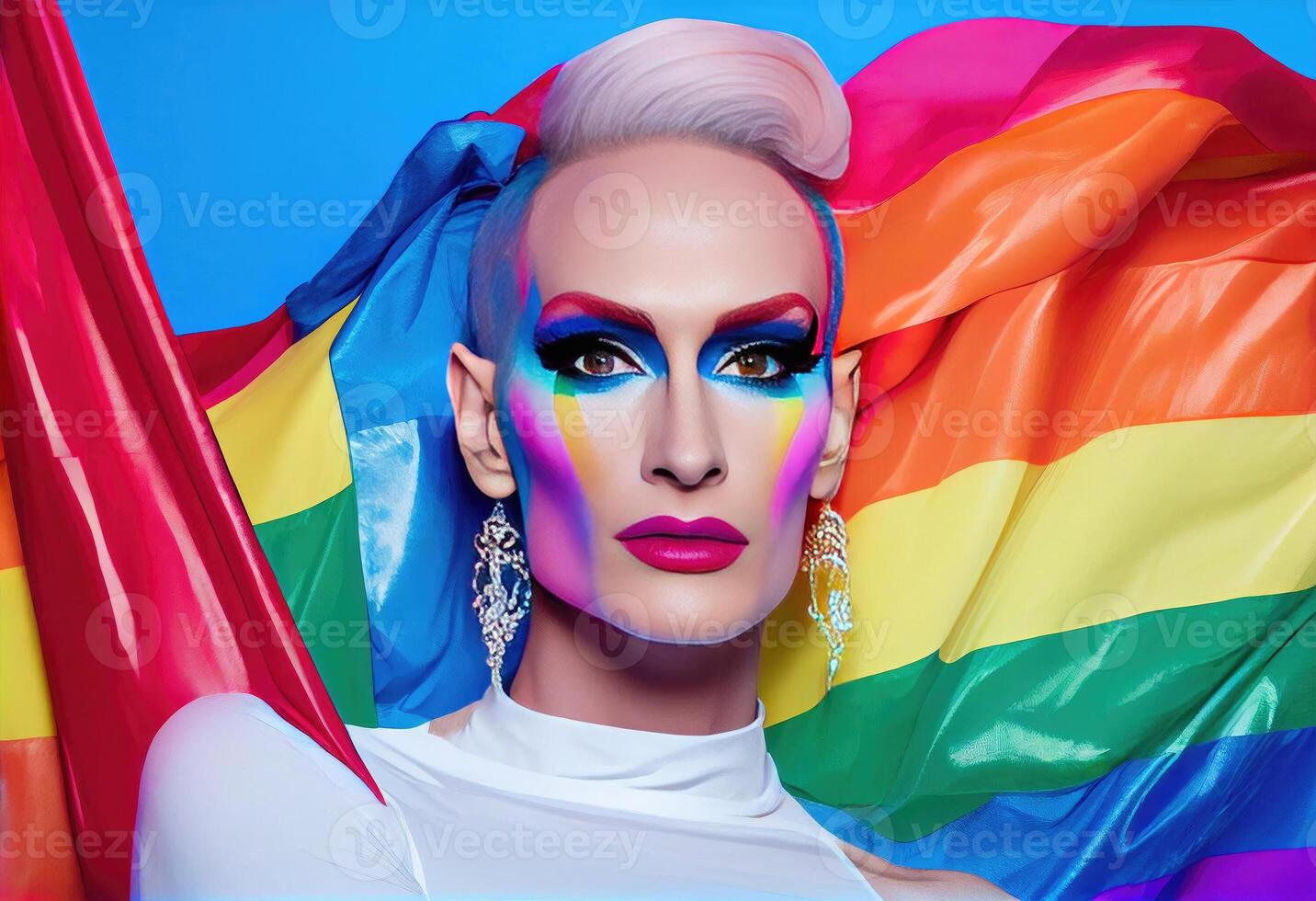 Slim extraordinary drag queen with makeup holding LGBT pride flag against blue background and looking at camera. . photo